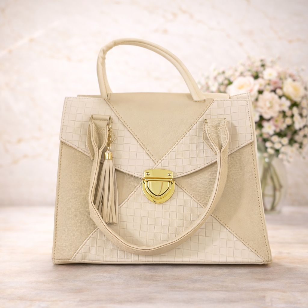 Bolso Hueso Tejido con Cierre Dorado