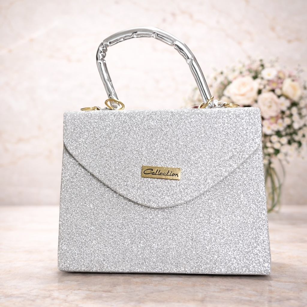 Bolso Glitter Plateado con Asa Metálica Plateada