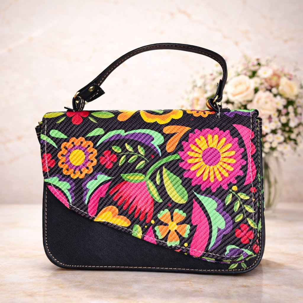 Bolso Negro Floral Mexicano con Asa de Mano