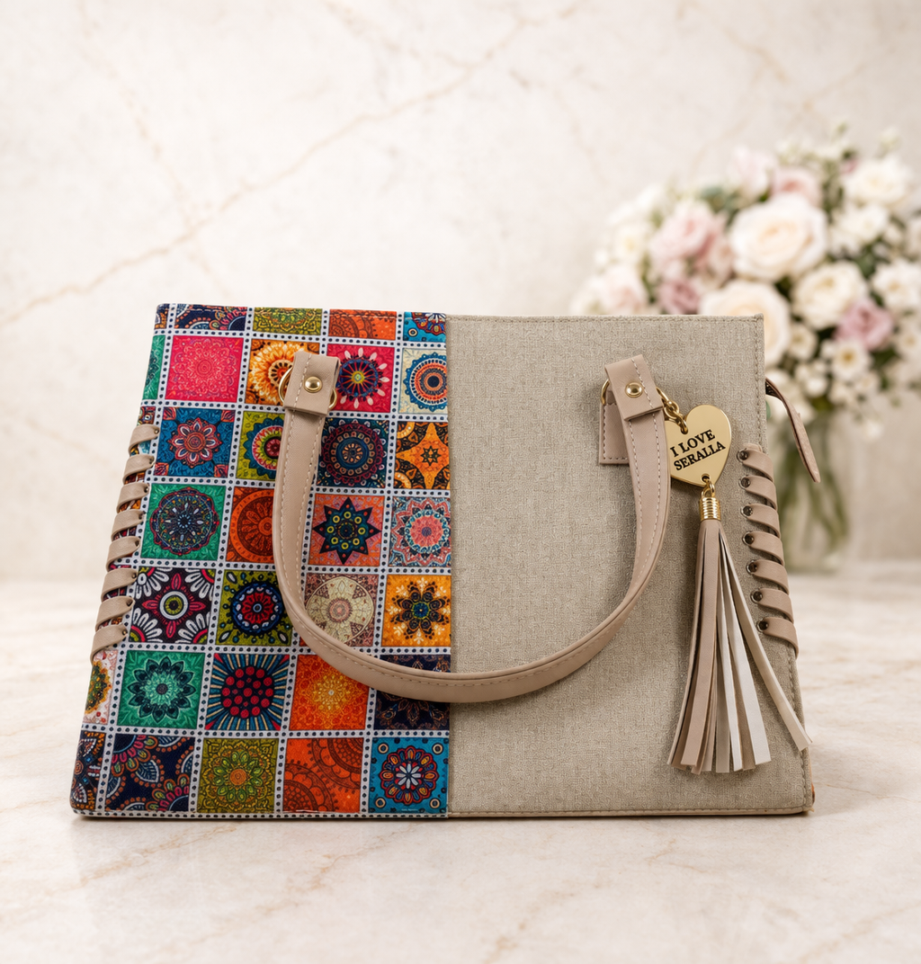 Bolso Bicolor Mandala Multicolor con Borla Beige