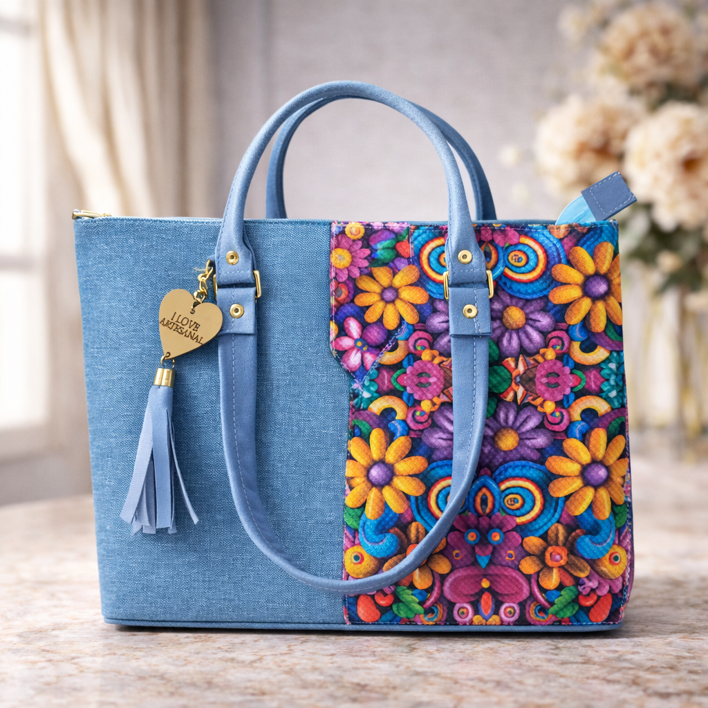 Bolso Azul Denim Bicolor Floral Artesanal con Borla