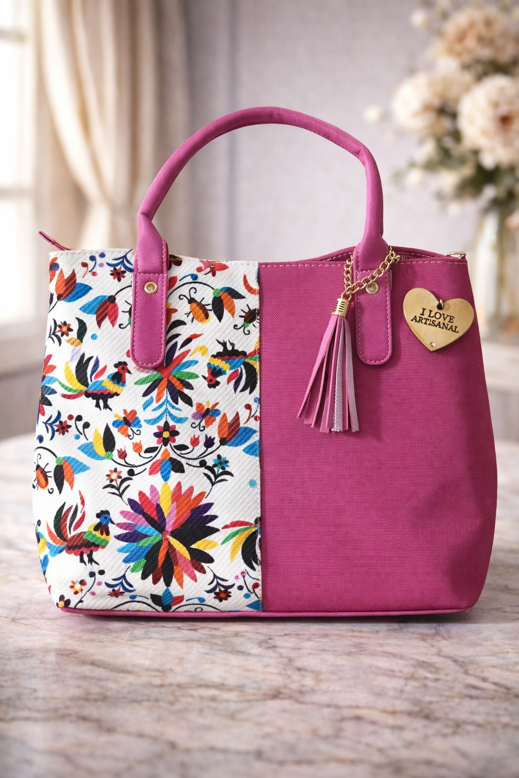 Bolso Fucsia Bicolor Bordado Otomí con Borla