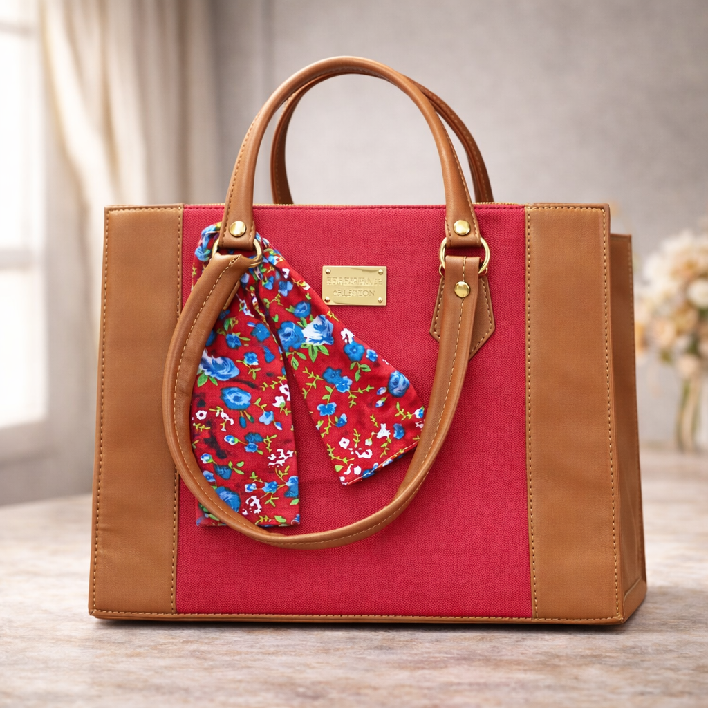 Bolso Tote Rojo y Camel con Pañuelo Floral