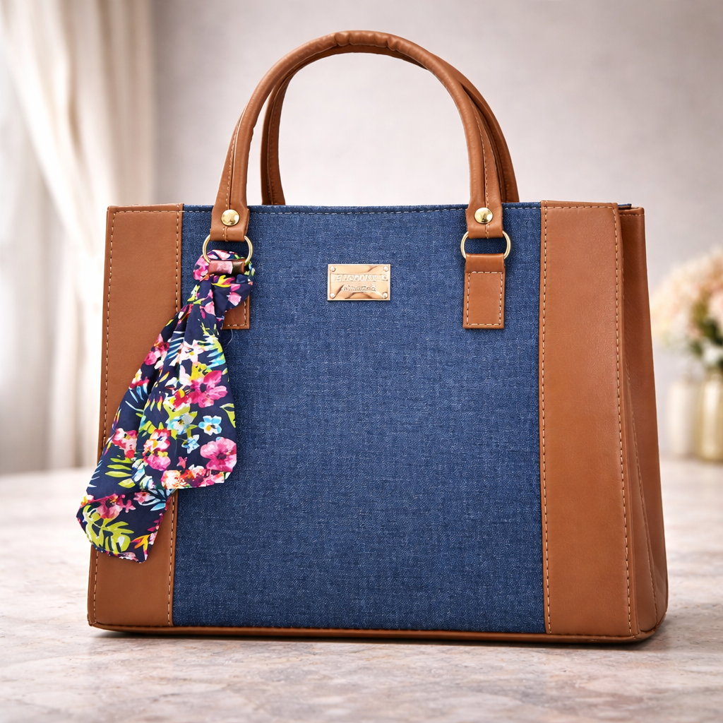 Bolso Tote Denim Azul y Camel con Pañuelo Floral