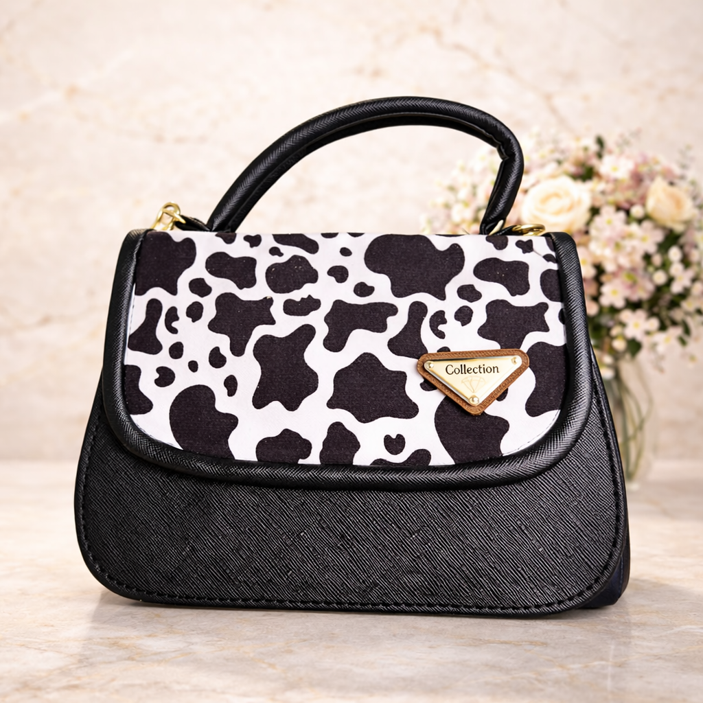Bolso Mini Negro Saffiano con Solapa Estampado Vaca